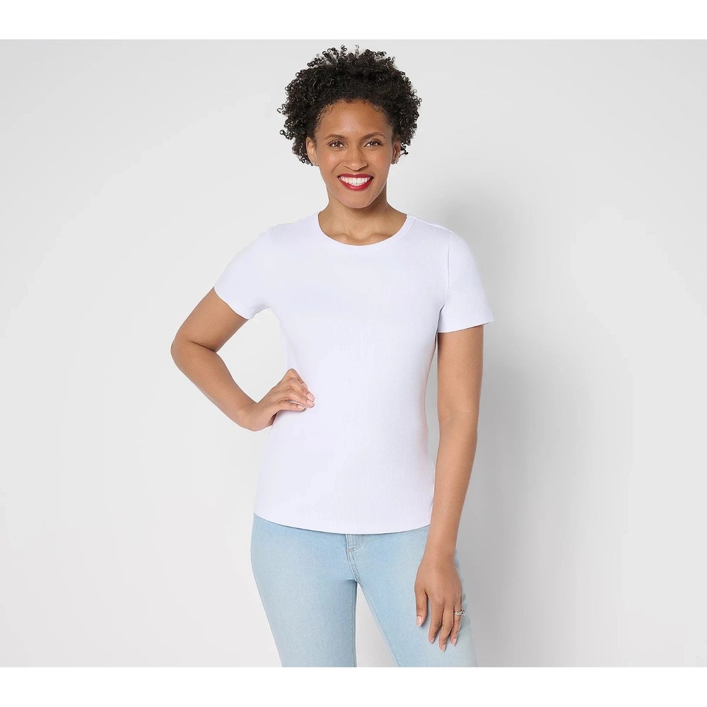 Susan Graver Every Day Rib Knit Short-Sleeve Top - White: Size Large #26'